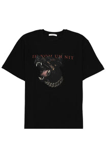 Black Givenchy Ih Nom Uh Nit men’s cotton t-shirt featuring a bold Dobermann graphic with pink text on front