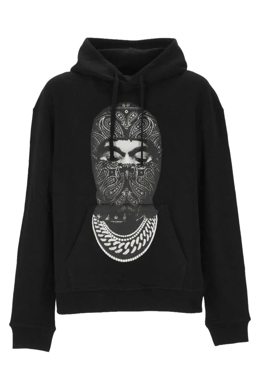 Ih nom uh nit men’s black hoodie featuring a bold face graphic with paisley bandana and layered chain necklaces print