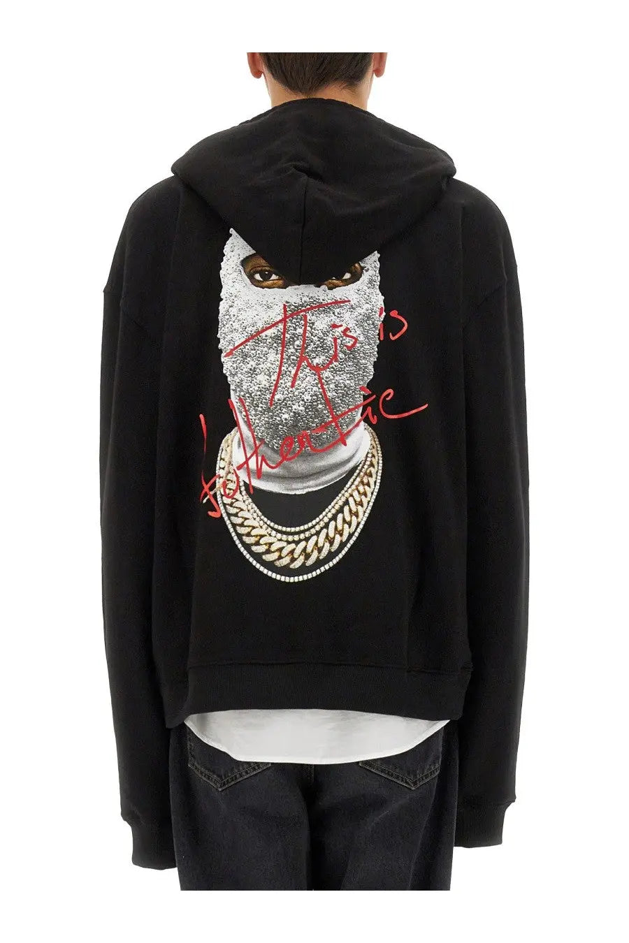Ih nom uh nit men’s black hoodie with glittery silver face graphic red cursive text and gold chain details