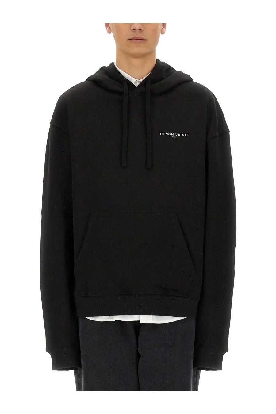 Ih nom uh nit men’s black oversized hoodie with subtle white embroidered logo on chest in cotton blend