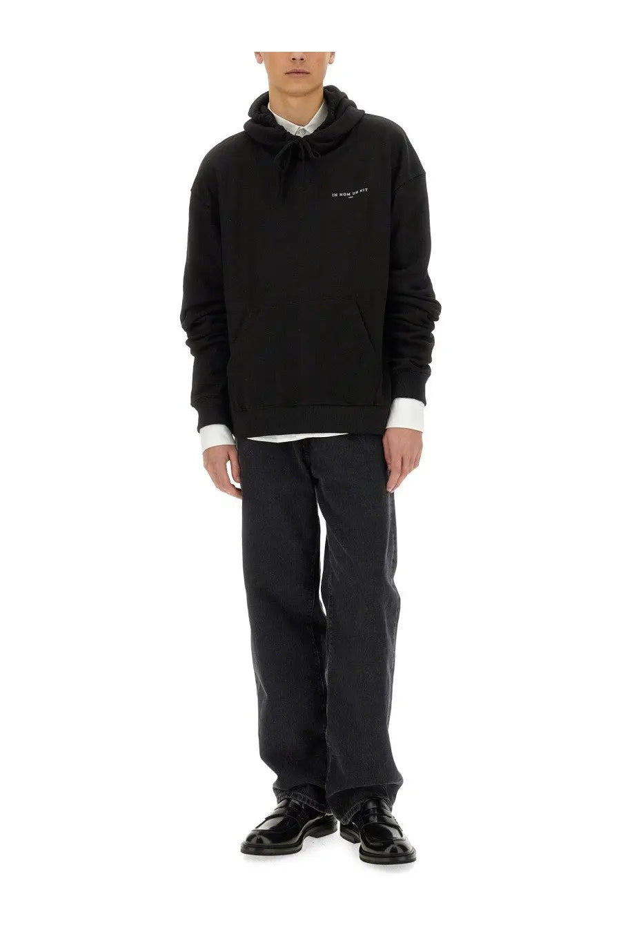 Ih nom uh nit men’s black oversized hoodie with subtle white embroidered logo on chest in soft cotton material
