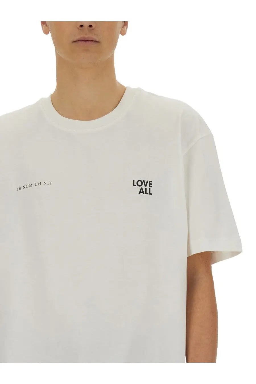 White cotton ih nom uh nit men’s t-shirt with black love all and mirrored text printed on the chest