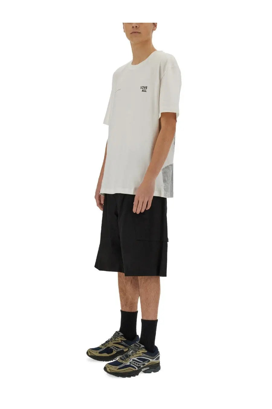 Ih nom uh nit men’s white cotton t shirt with love all print in black and sheer mesh panel along the side seam