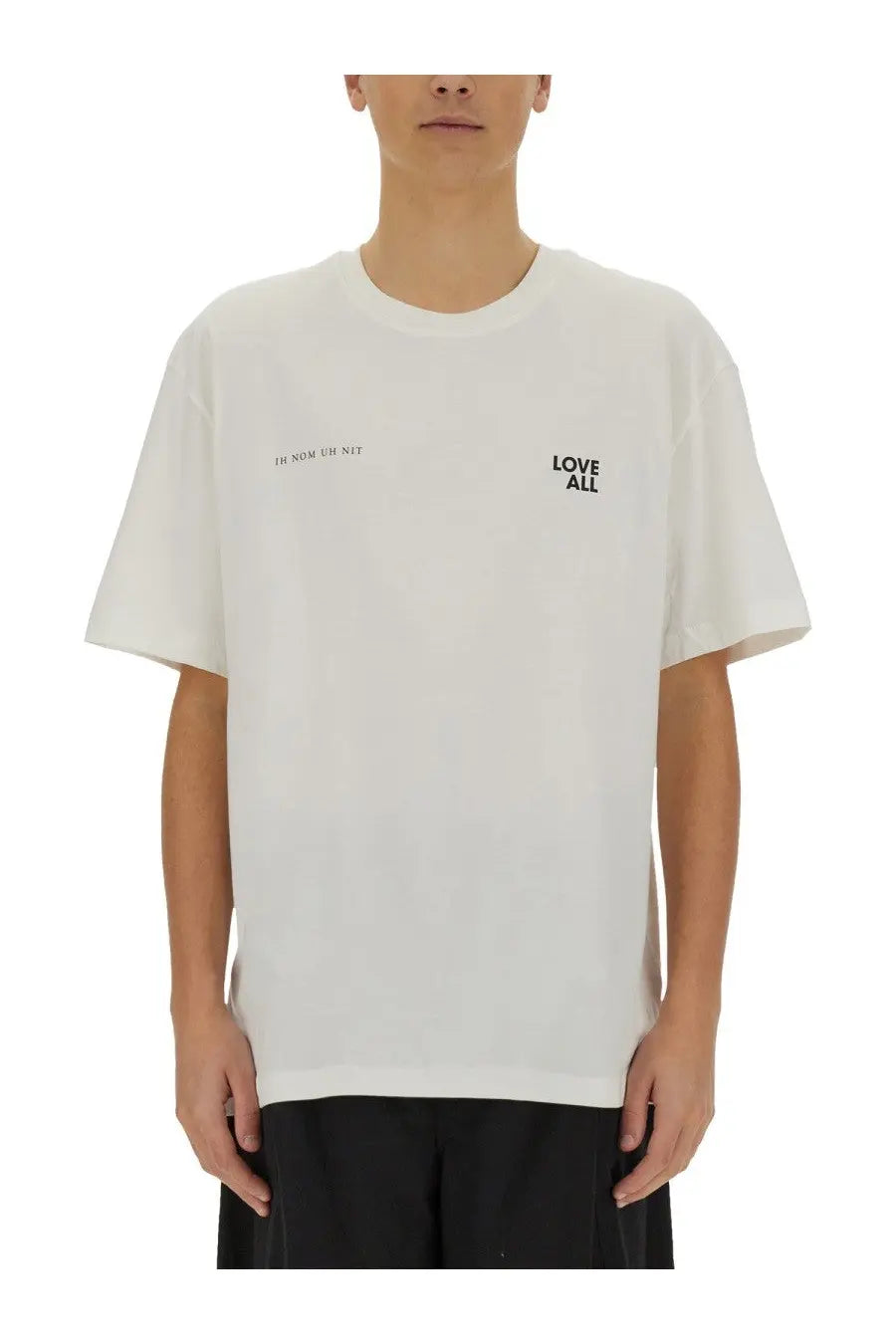 Off-white oversized crewneck t-shirt with minimalist black jesus love all print on chest by Ih Nom Uh Nit