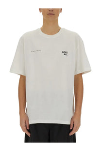 Off-white oversized crewneck t-shirt with minimalist black jesus love all print on chest by Ih Nom Uh Nit