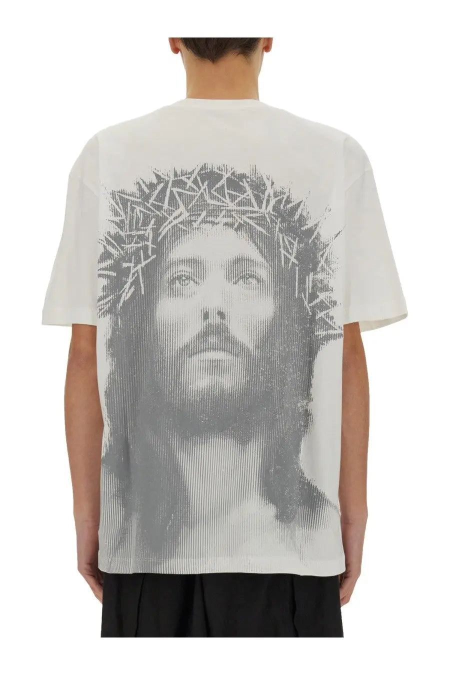 White short-sleeved cotton t-shirt featuring a large black and white jesus love all graphic print by Ih Nom Uh Nit