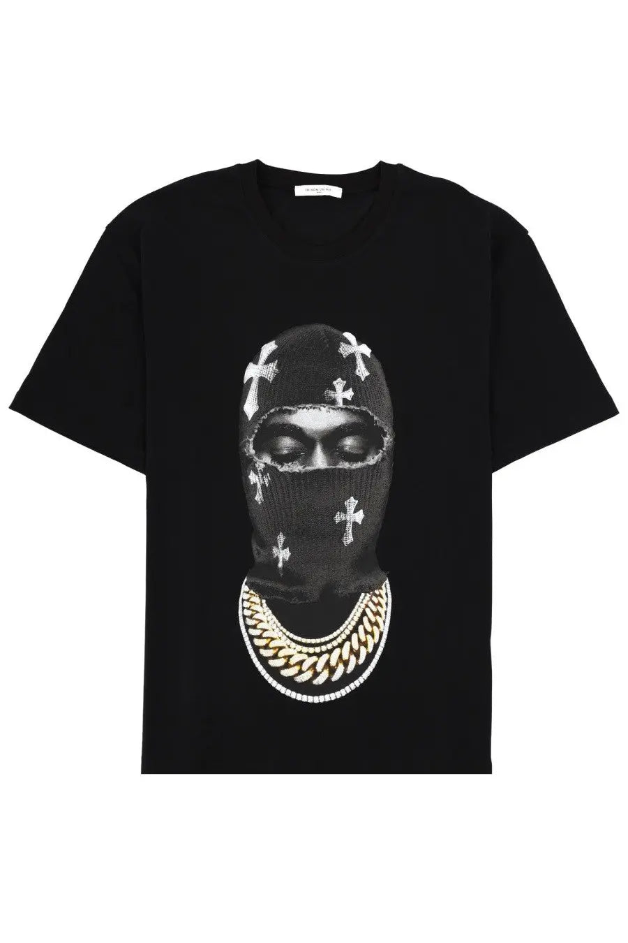 Black short-sleeved t-shirt by ih nom uh nit featuring a bold balaclava face graphic with white crosses and gold chains
