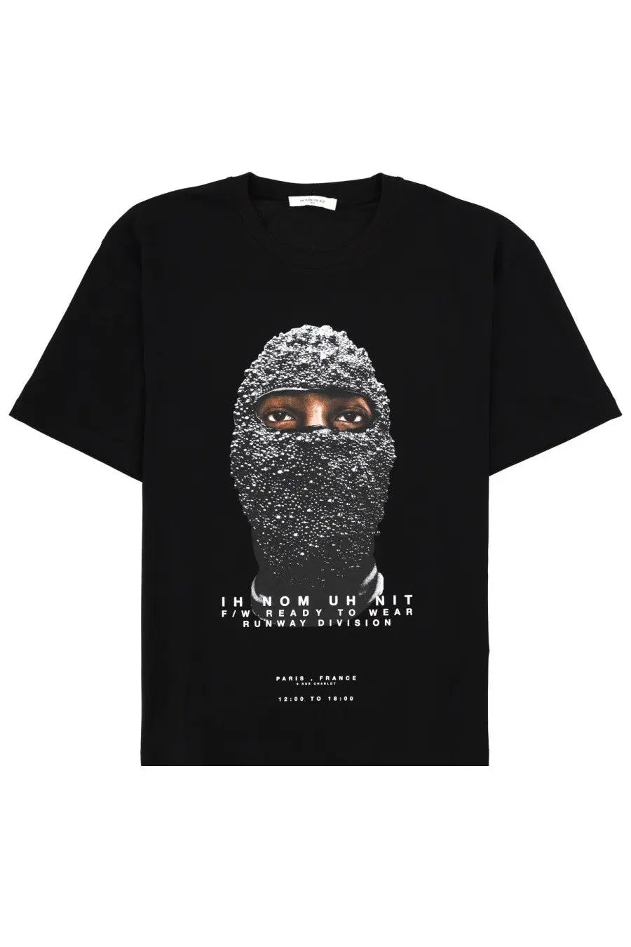 Black cotton ih nom uh nit men’s t shirt with graphic face in beaded mask and white text below