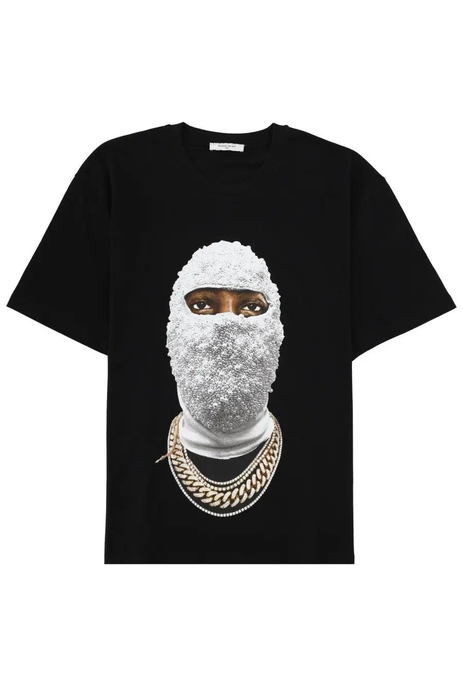 Ih nom uh nit men’s black short-sleeved t-shirt featuring a graphic print of a person in a white balaclava with gold chains