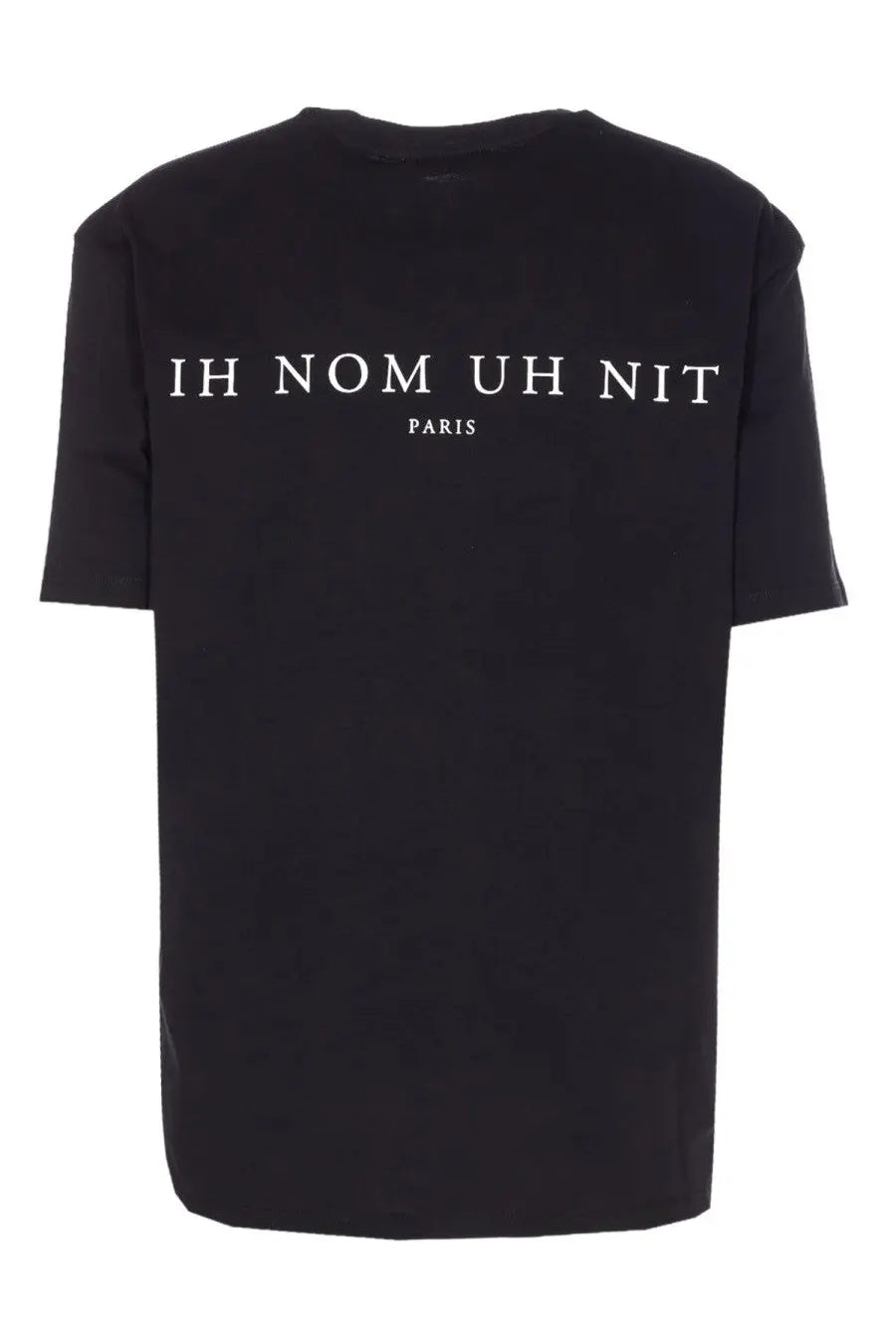 Black ih nom uh nit men’s short-sleeved cotton t-shirt with white ih nom uh nit paris lettering on back
