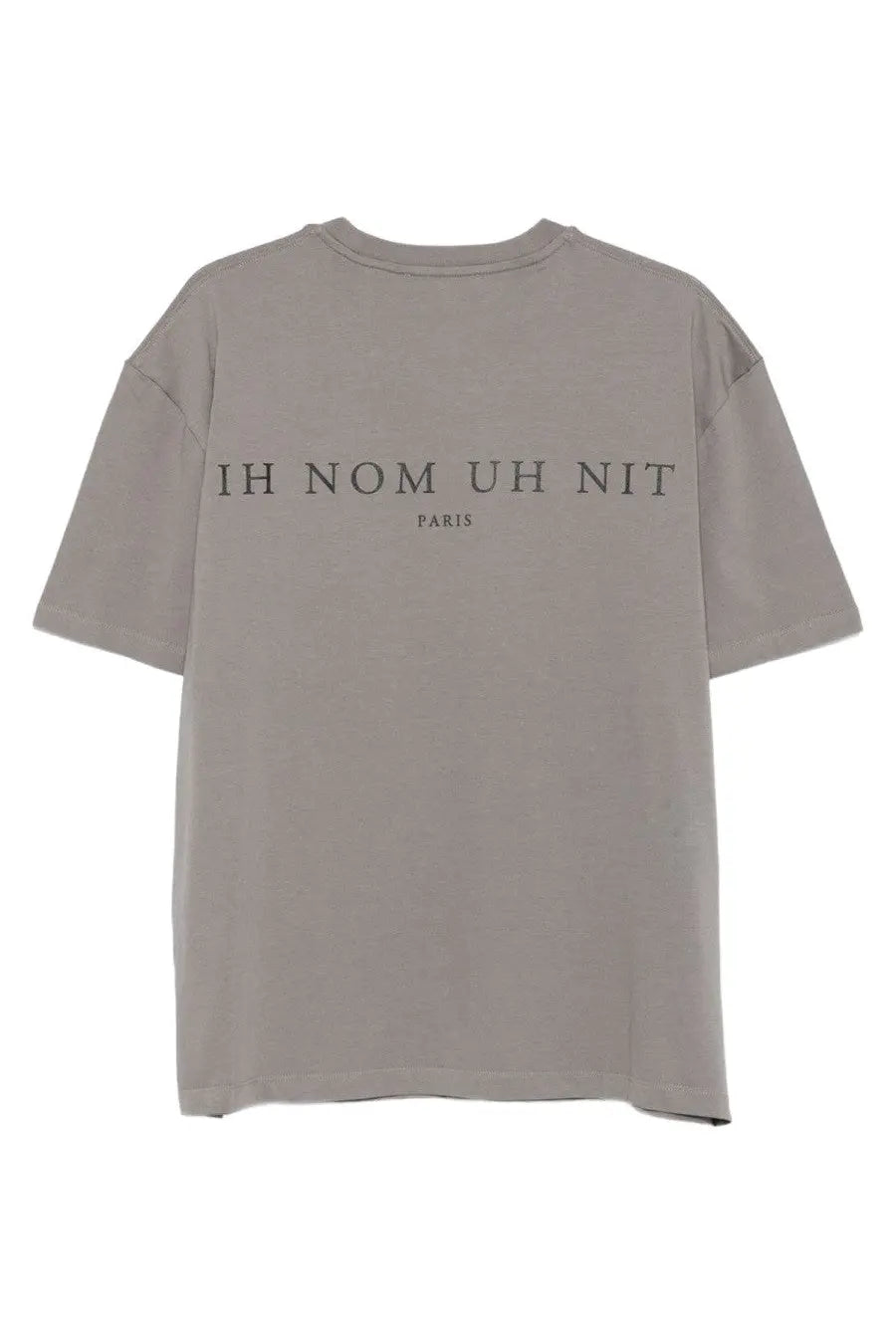 Back of a gray oversized ih nom uh nit paris t shirt with bold dark graphic print for men