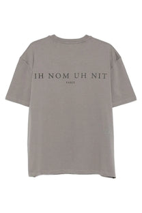 Back of a gray oversized ih nom uh nit paris t shirt with bold dark graphic print for men