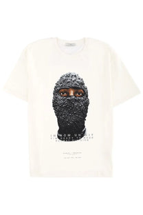 Off-white cotton ih nom uh nit men’s t-shirt with black beanie face graphic and sparkling embellishments on front