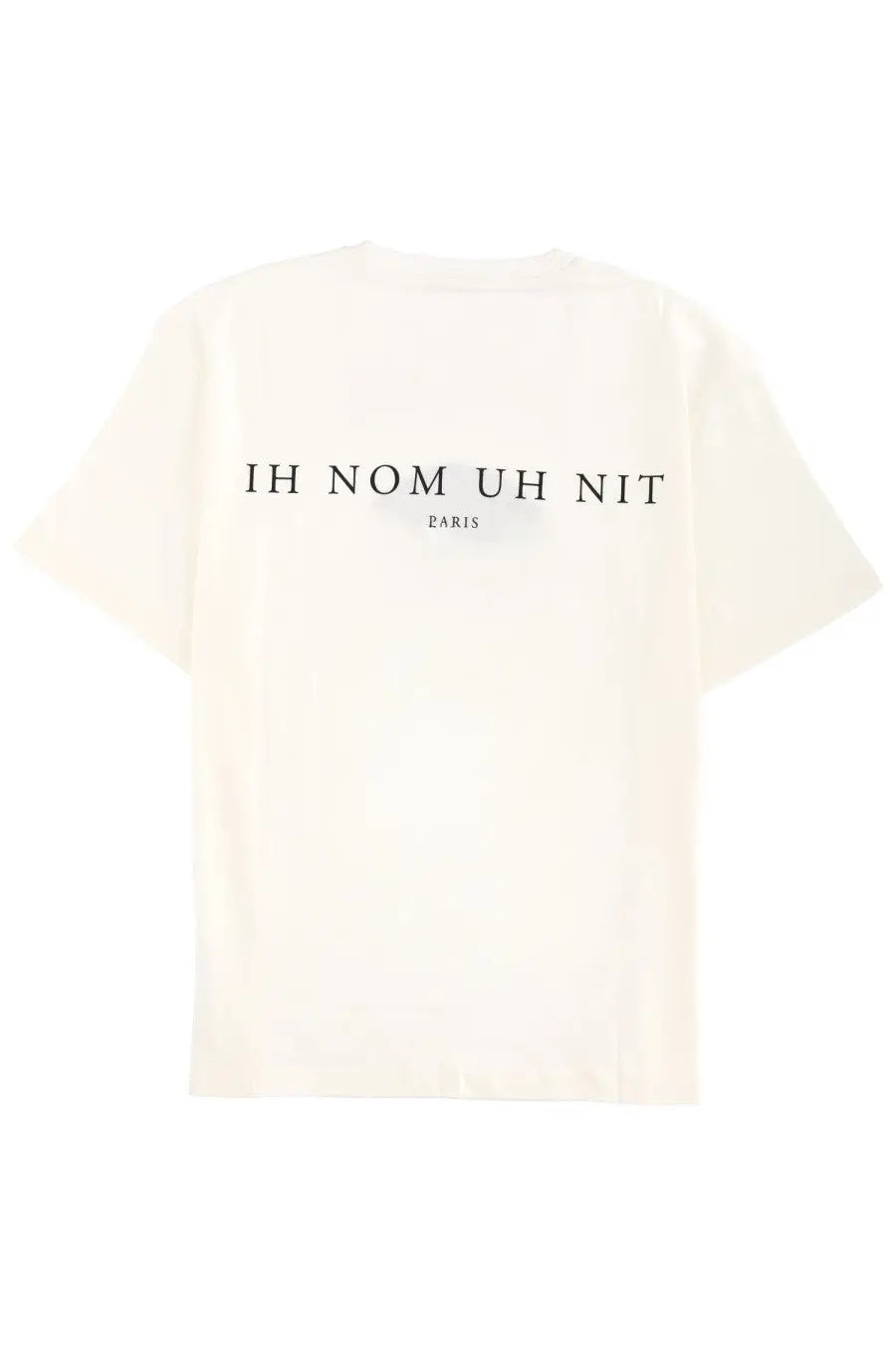 Cream-colored oversized cotton ih nom uh nit men’s t-shirt white with black text printed across the back