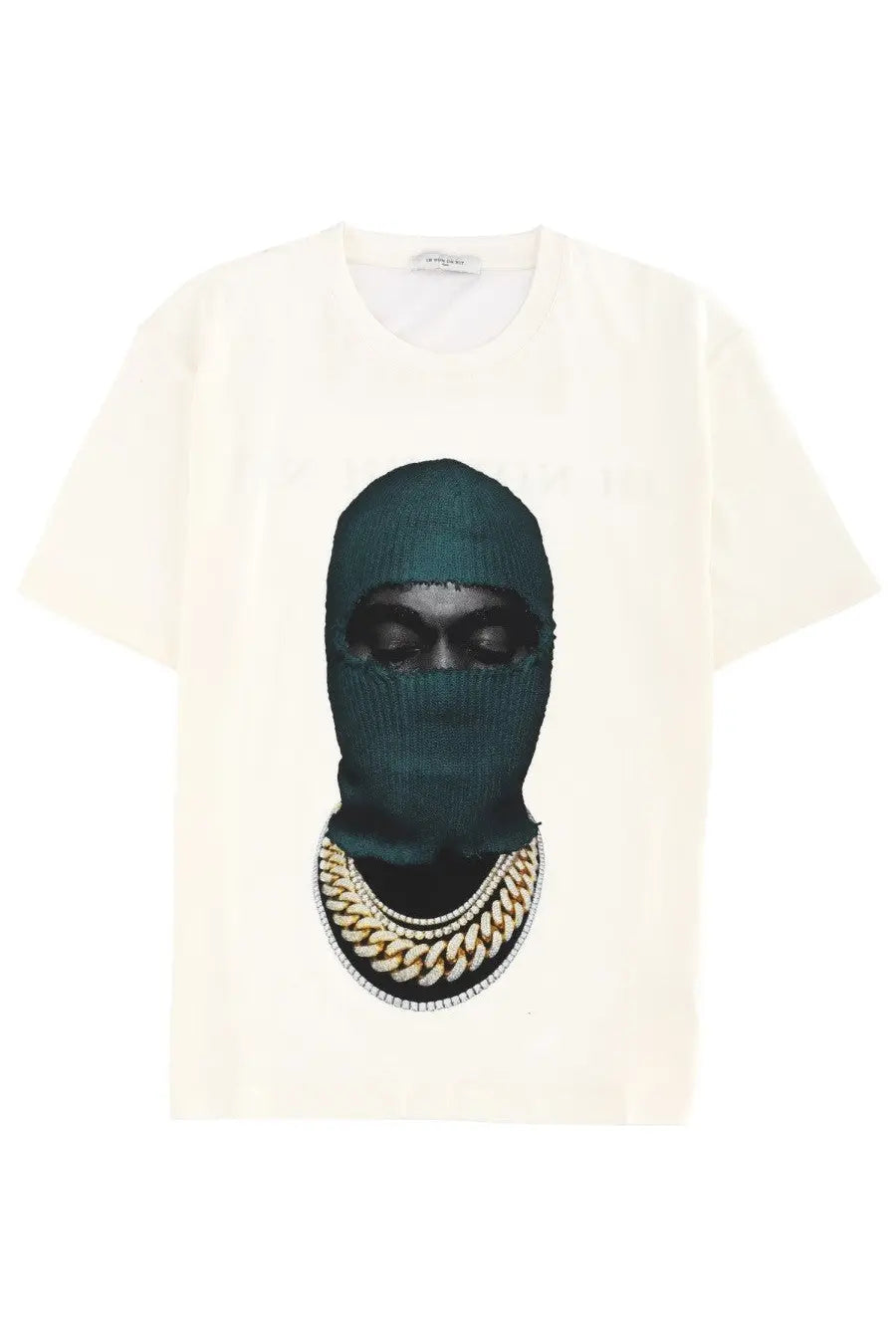 Cream-colored ih nom uh nit men’s short-sleeved t-shirt with graphic of person in dark green knit balaclava and gold chains