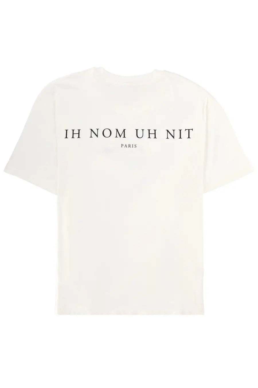 Off-white oversized men’s t-shirt in cotton with bold black ih nom uh nit paris graphic on the chest