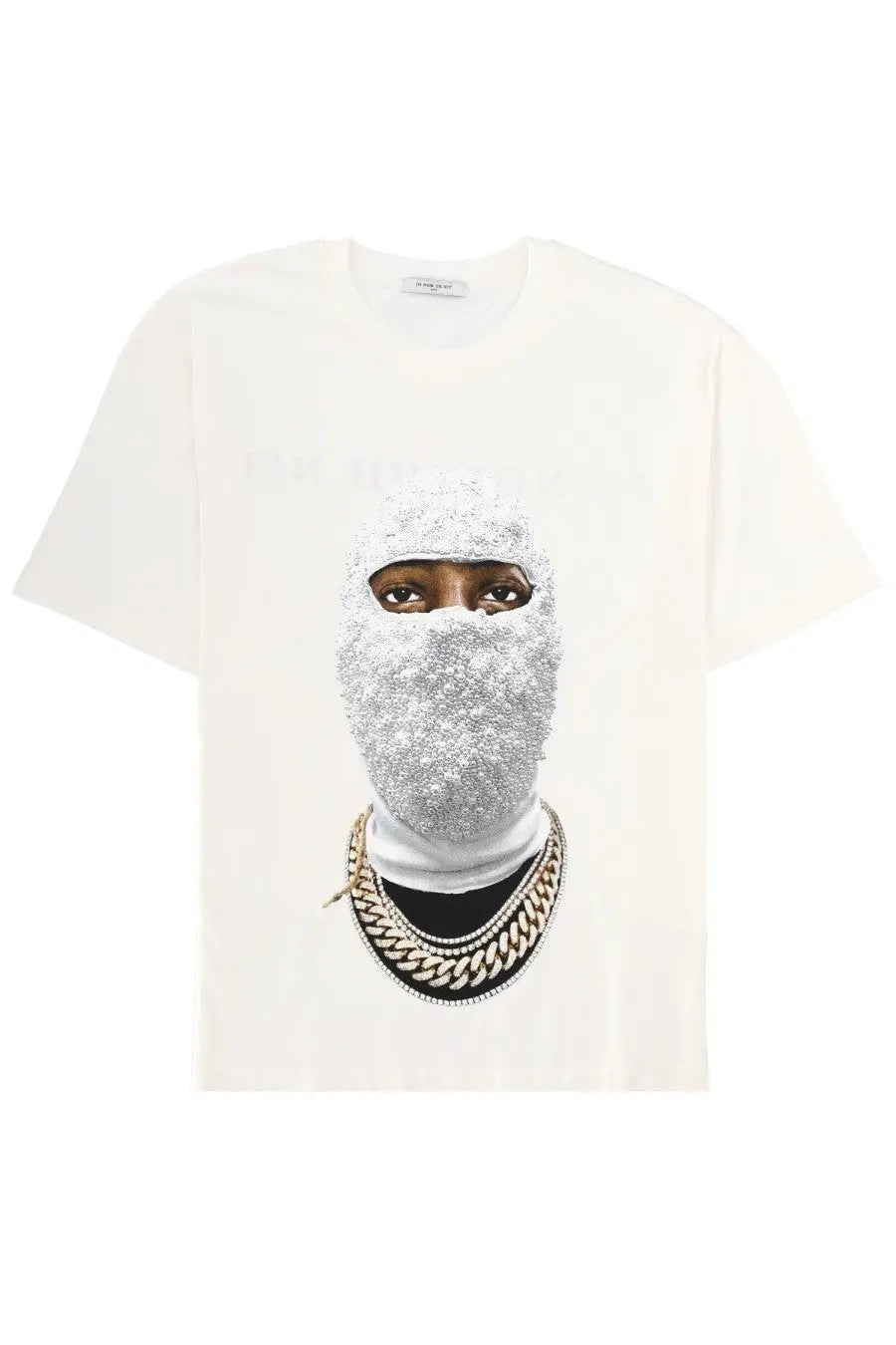 Off-white ih nom uh nit men’s short-sleeved t-shirt with graphic print of person in glittery silver ski mask and gold chains