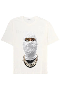 Off-white ih nom uh nit men’s short-sleeved t-shirt with graphic print of person in glittery silver ski mask and gold chains