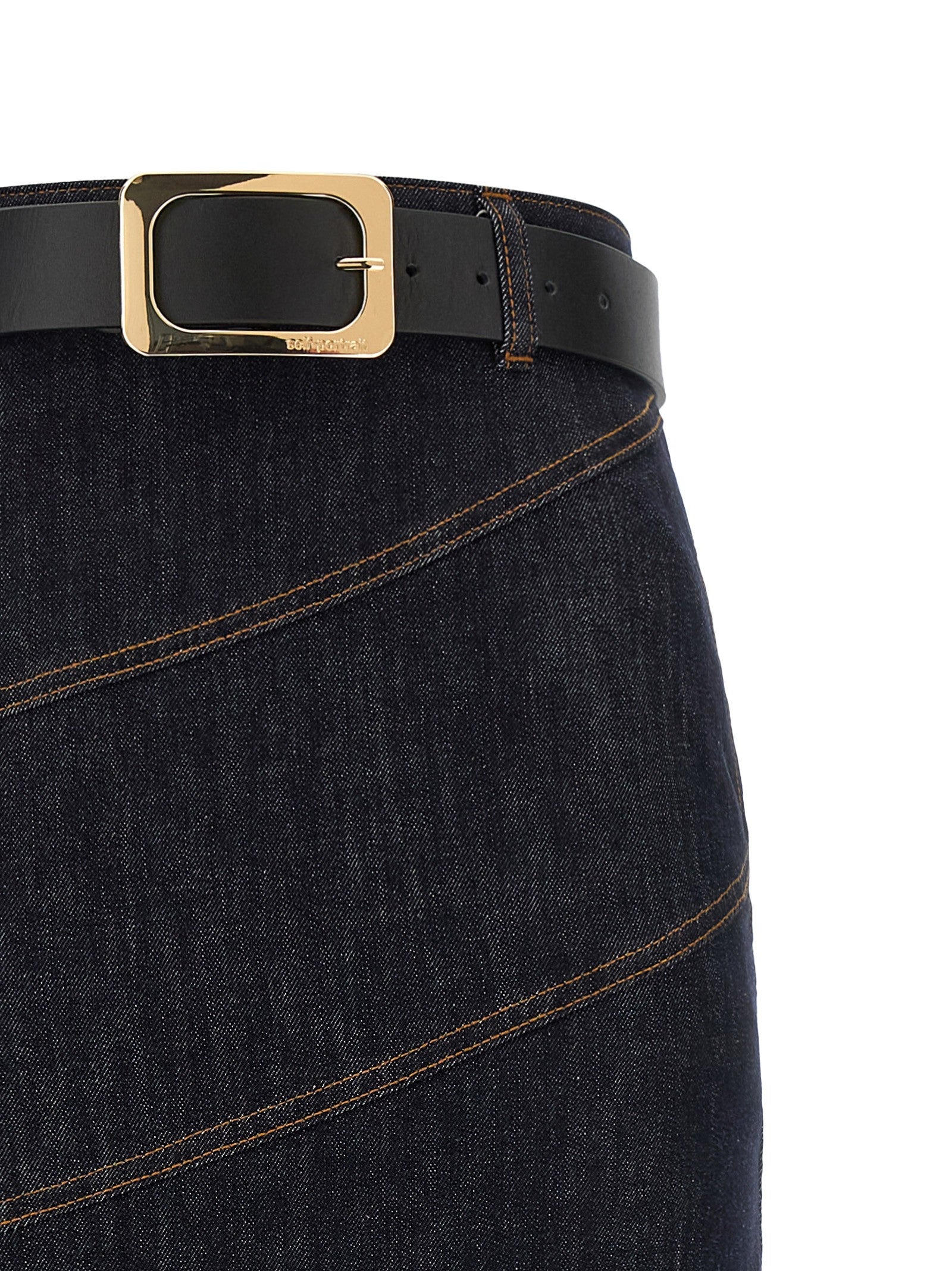 self-portrait Indigo Denim Belted Midi Skirt Blue
