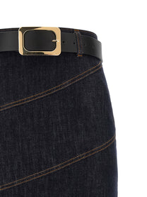 self-portrait Indigo Denim Belted Midi Skirt Blue