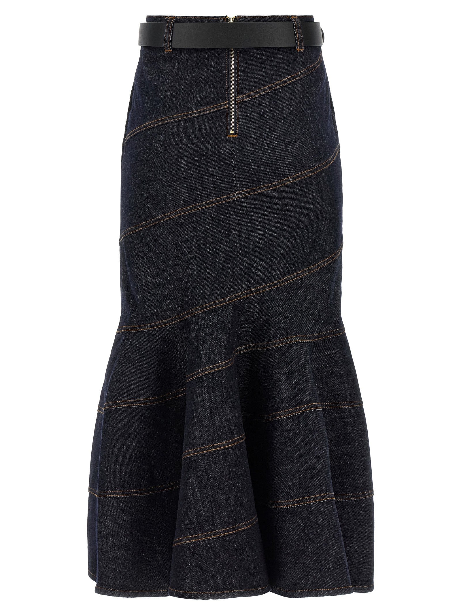 self-portrait Indigo Denim Belted Midi Skirt Blue