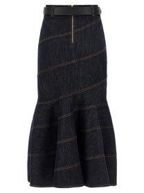 self-portrait Indigo Denim Belted Midi Skirt Blue