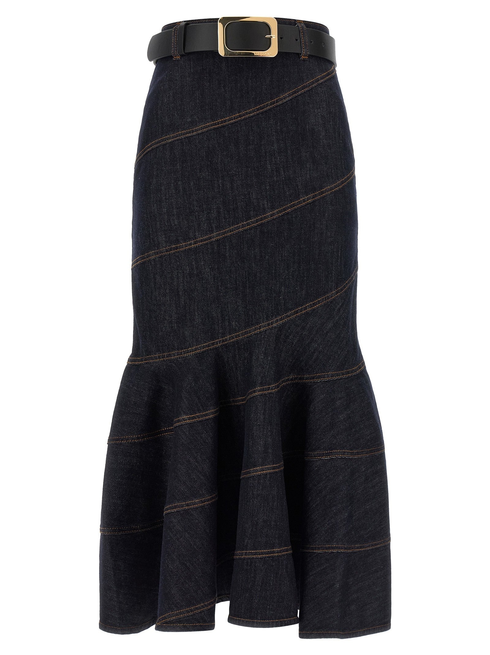 self-portrait Indigo Denim Belted Midi Skirt Blue