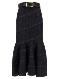 self-portrait Indigo Denim Belted Midi Skirt Blue