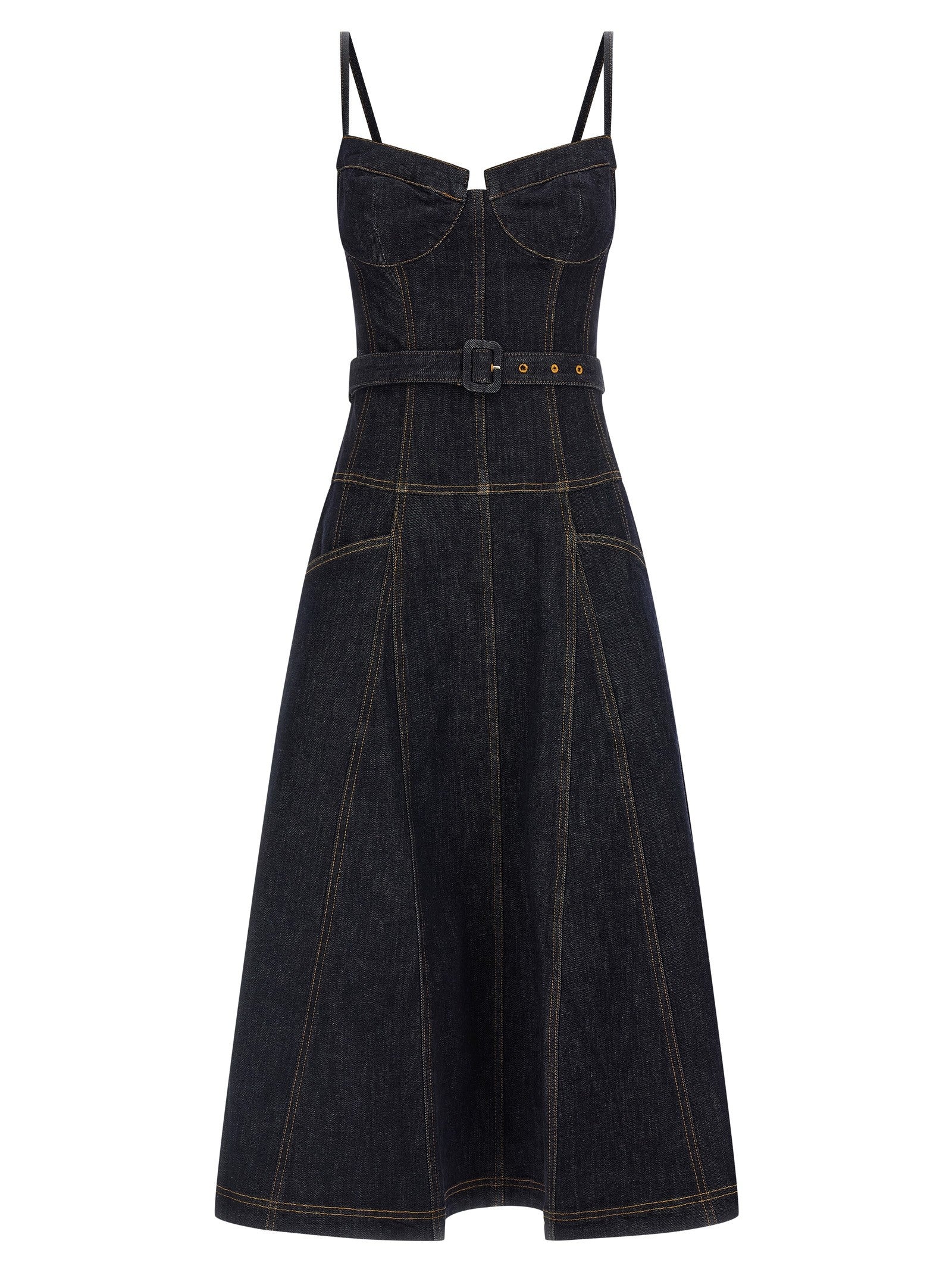 self-portrait Indigo Denim Flared Midi Dress Blue