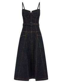self-portrait Indigo Denim Flared Midi Dress Blue