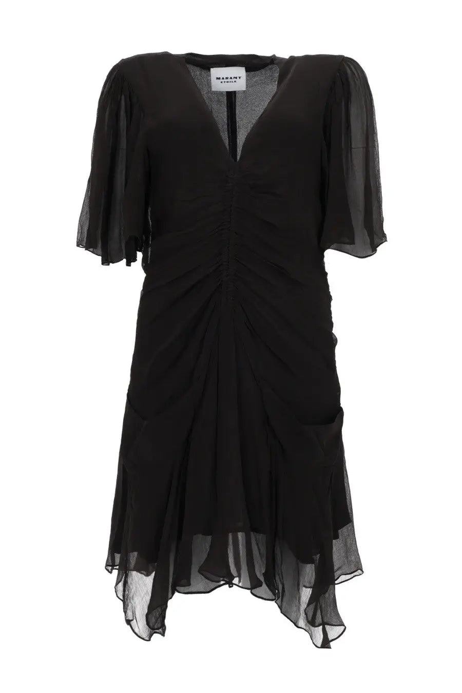 Isabel Marant Étoile women’s black sheer chiffon dress with ruched bodice and flutter sleeves