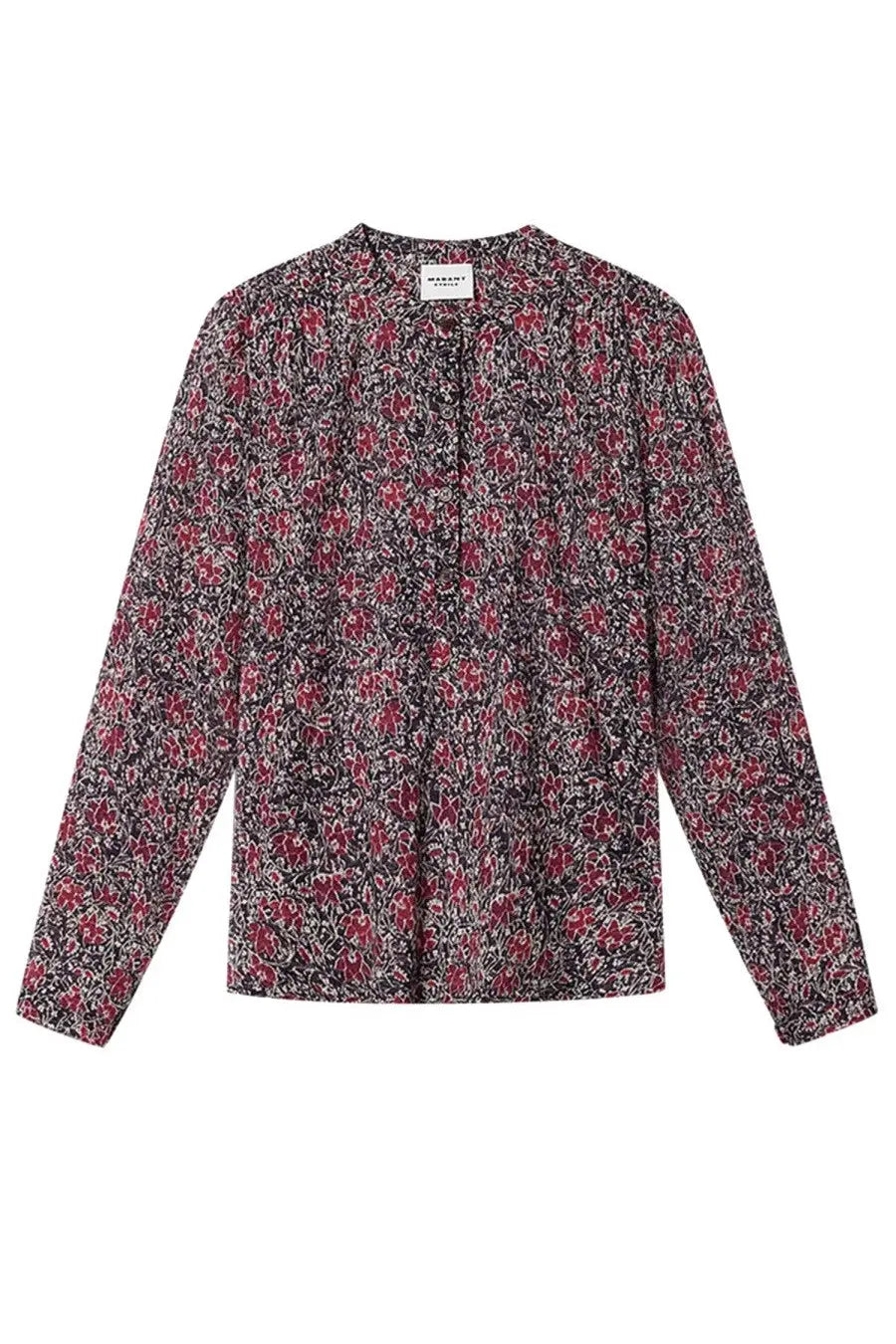 Isabel Marant Étoile women’s long-sleeved blouse with dark base and pink white floral print featuring gathered neckline