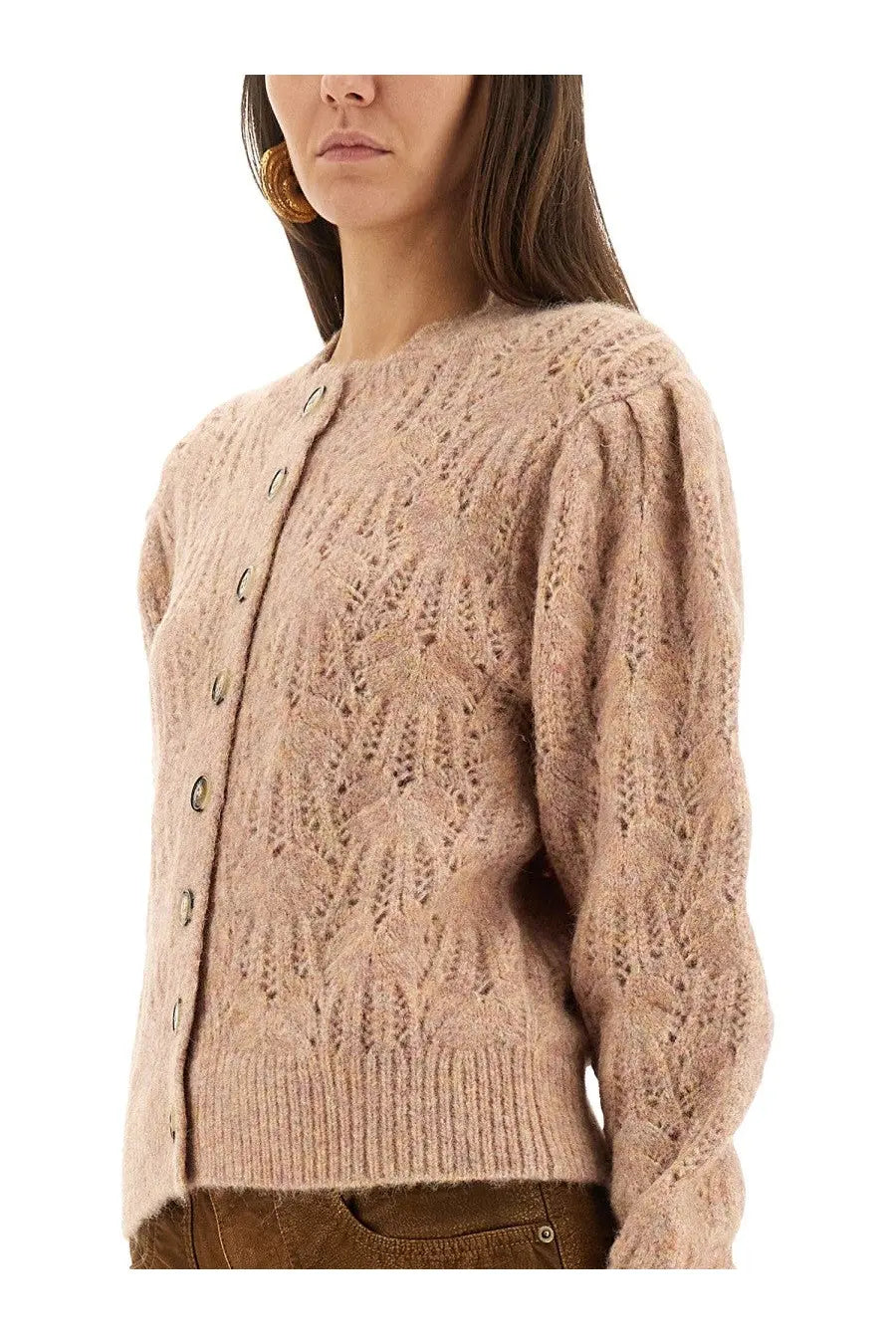 Isabel Marant Étoile women’s cardigan maxine beige soft dusty rose knit with cable-knit pattern and ribbed cuffs