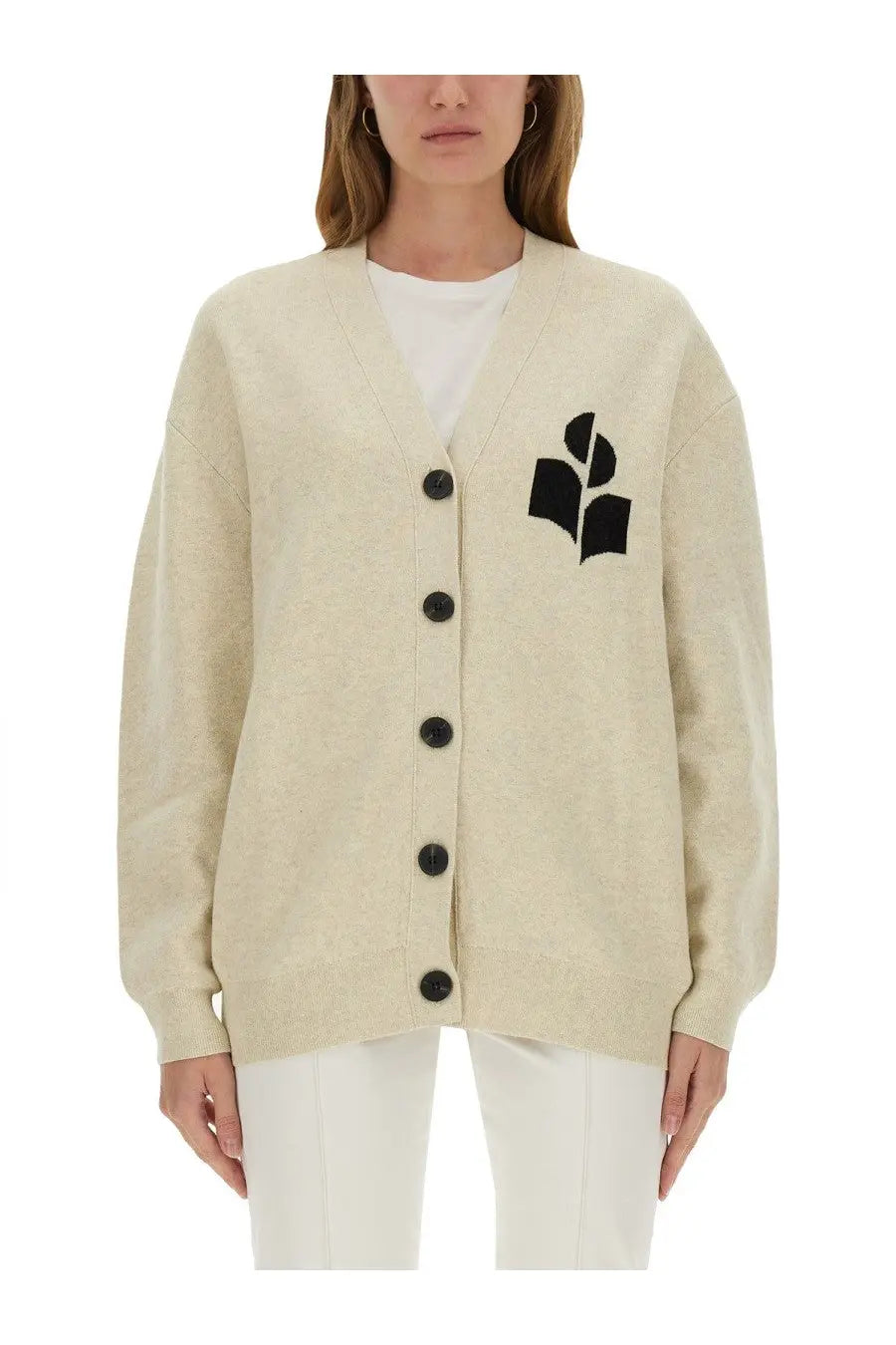Cream-colored knit Isabel Marant Étoile women’s cardigan with black embroidered book logo on left chest in beige