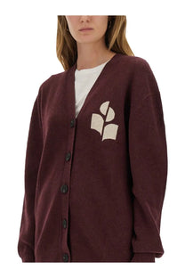 Maroon knit cardigan by Isabel Marant Étoile with cream embroidered leaf and book motif on left chest