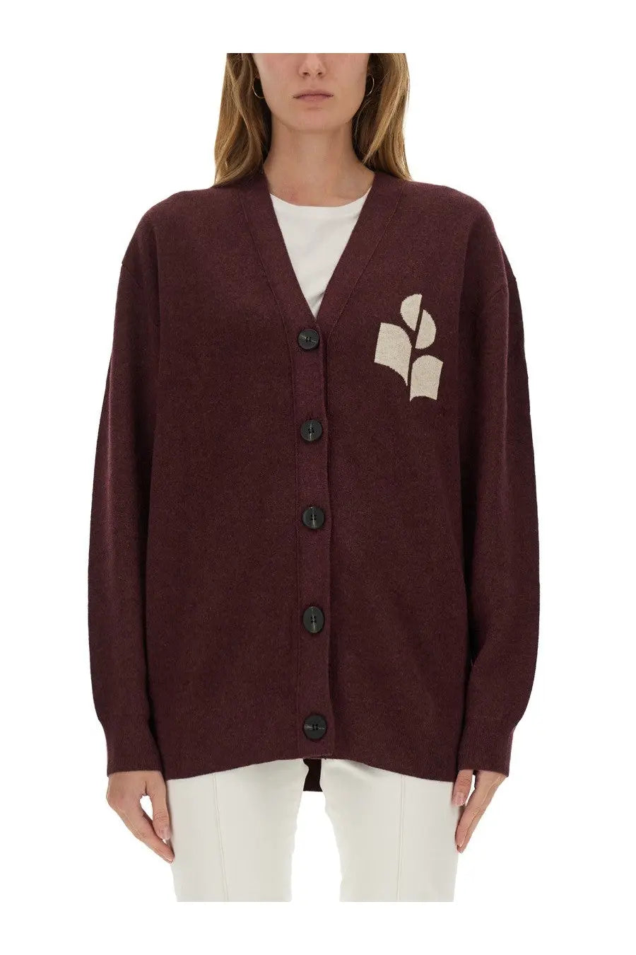 Isabel Marant Étoile women’s maroon knit cardigan with cream embroidered book motif and black buttons down the front