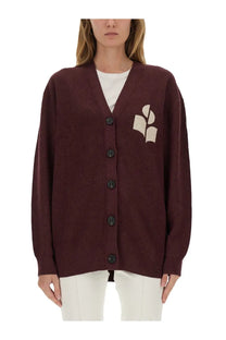 Isabel Marant Étoile women’s maroon knit cardigan with cream embroidered book motif and black buttons down the front
