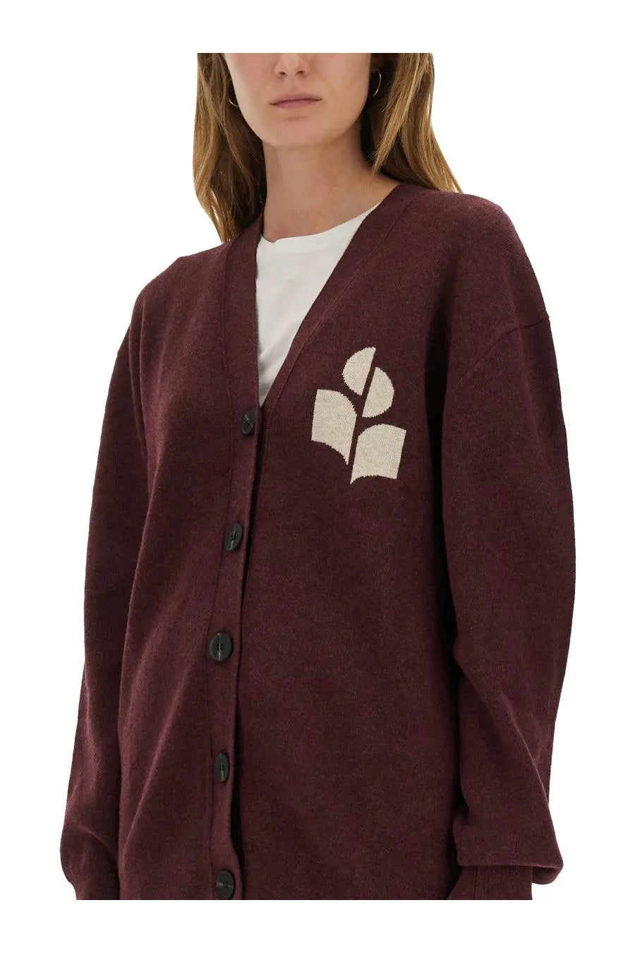 Isabel Marant Étoile women’s maroon knit cardigan with cream embroidered leaf and book motif on left chest