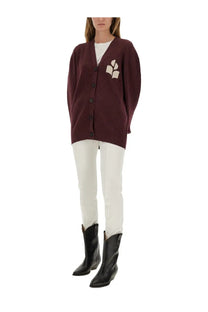 Isabel Marant Étoile women’s maroon oversized knit cardigan with cream leaf logo on left chest in Norton Red color