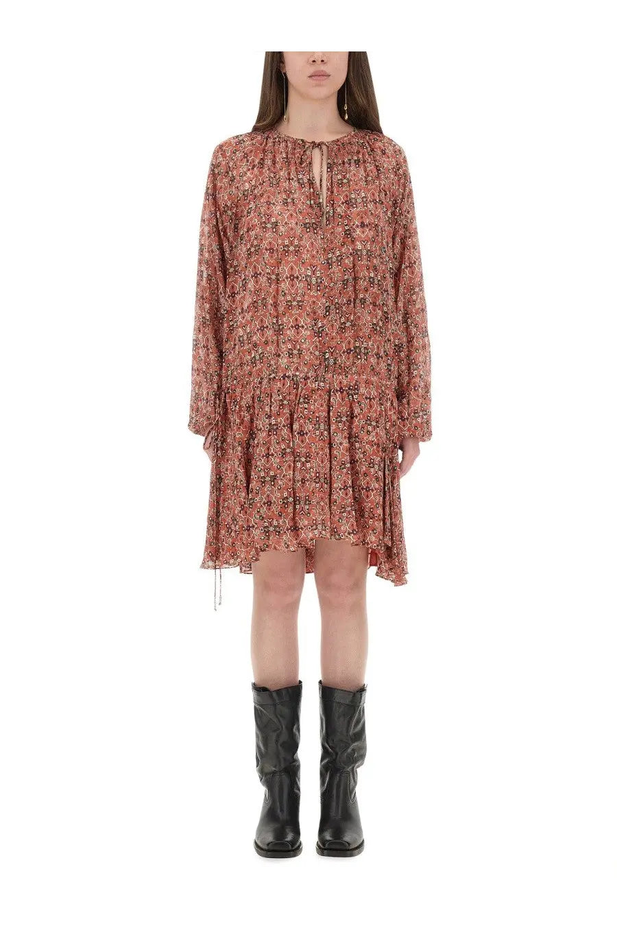 Isabel Marant Étoile women’s flowing terracotta long-sleeved dress with intricate floral pattern and tiered hemline