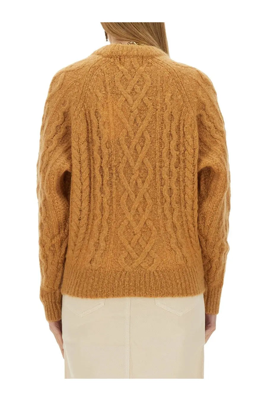 Isabel Marant Étoile women’s elka shirt beige cable-knit sweater with warm amber color and ribbed cuffs