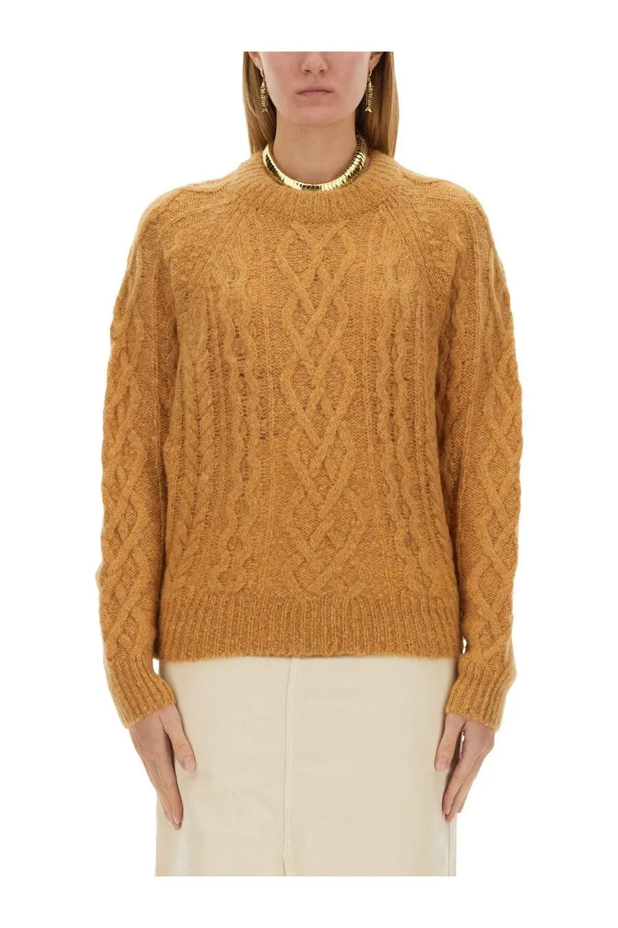 Isabel Marant Étoile women’s warm amber cable knit sweater with long sleeves ribbed hem and cuffs