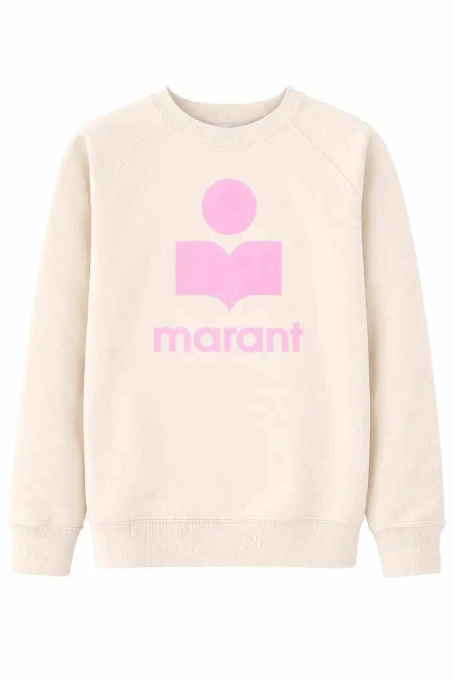 Isabel Marant Étoile cream marant sweatshirt with bold pink logo of stylized figure holding an open book