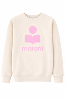 Isabel Marant Étoile cream marant sweatshirt with bold pink logo of stylized figure holding an open book