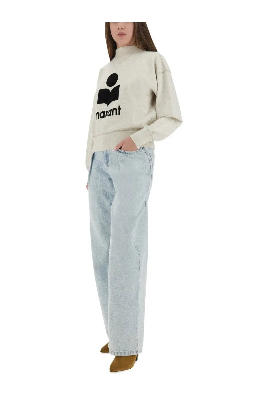 Cream-colored isabel marant étoile women’s felpa moby beige long-sleeved sweatshirt with black chest logo