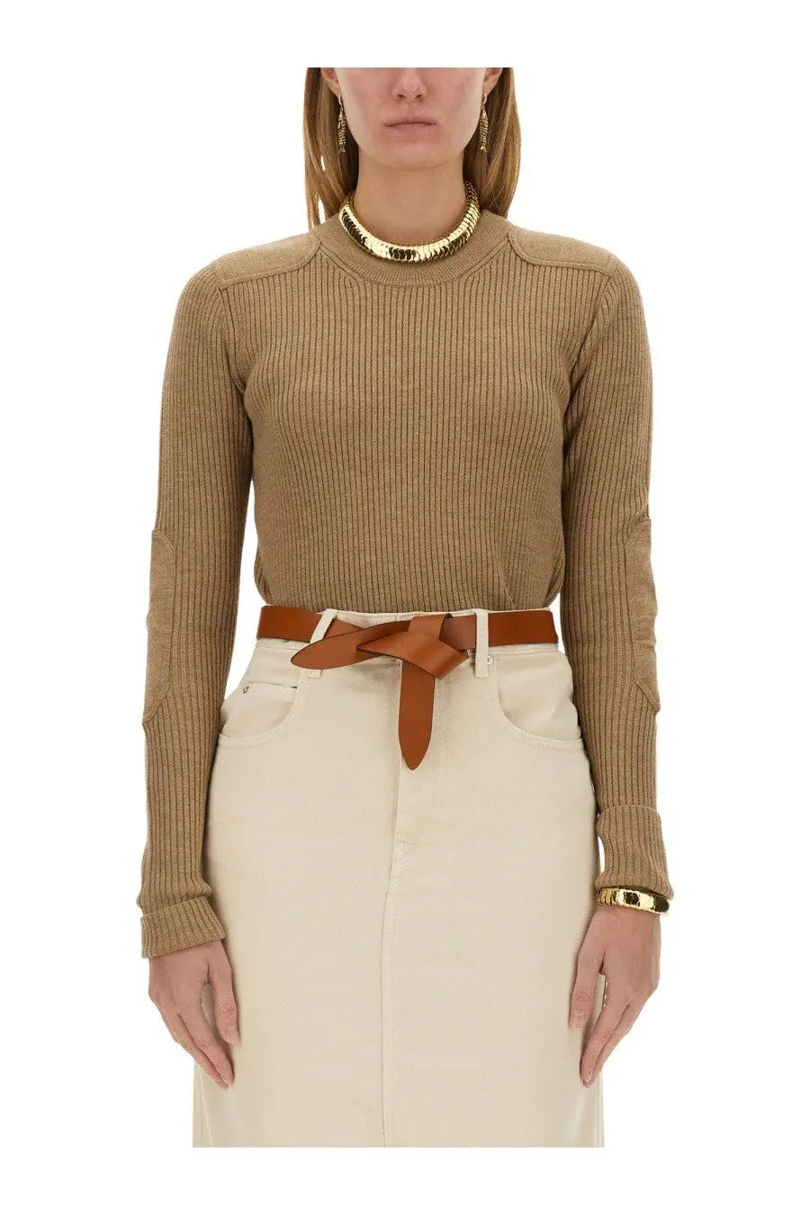 Isabel Marant Étoile women’s camel-colored ribbed knit sweater with high neckline and reinforced elbow patches