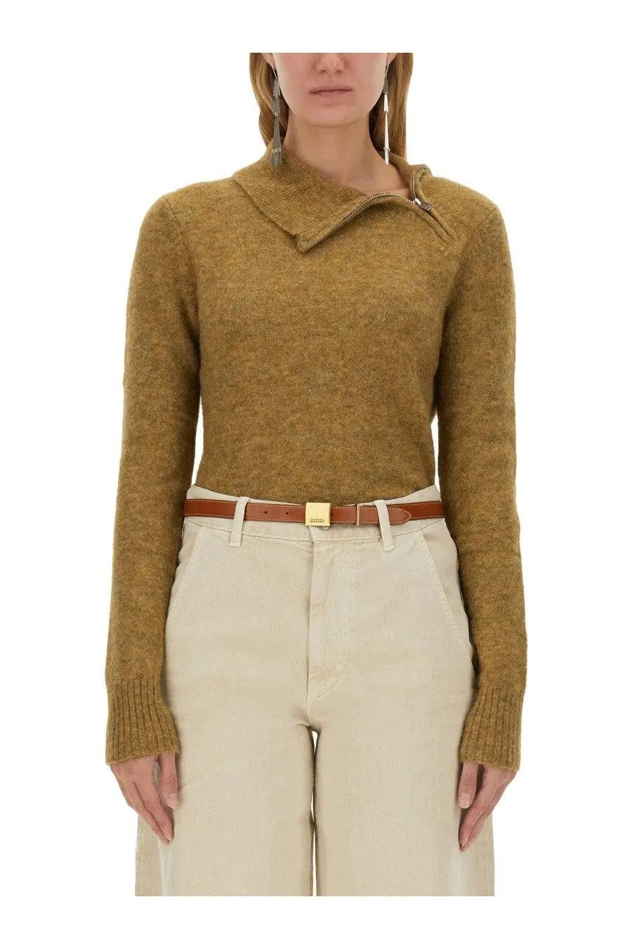 A mustard-yellow textured knit sweater with asymmetrical collar and ribbed cuffs by Isabel Marant Étoile