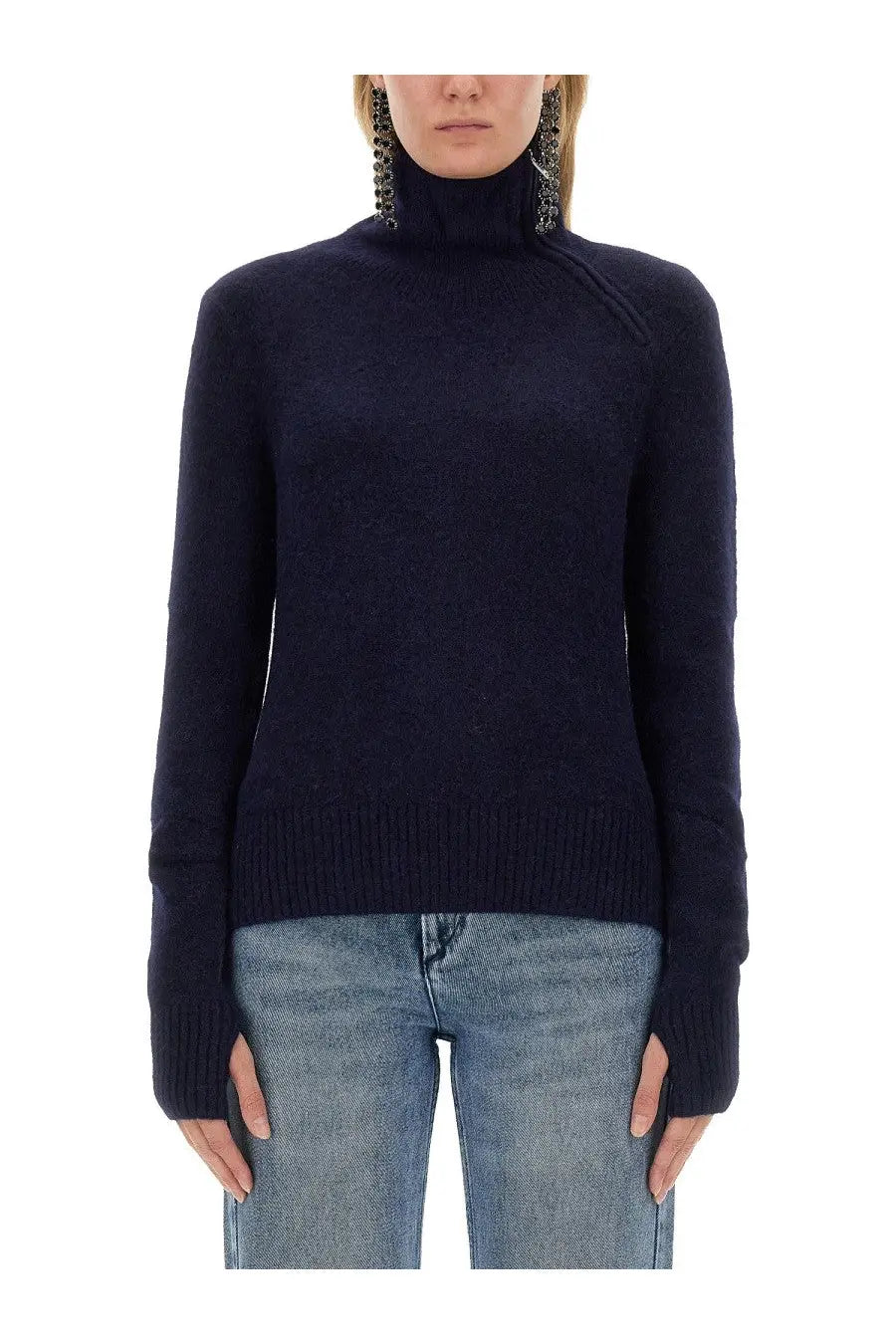 Isabel Marant Étoile women’s dark navy jersey turtleneck sweater with ribbed cuffs and subtle asymmetrical seam detail