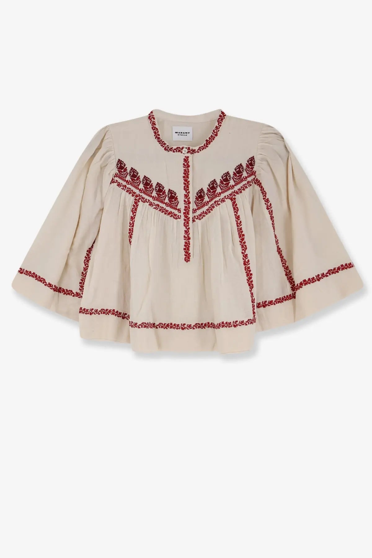 Isabel Marant Étoile women’s beige organic cotton blouse with cream color and red embroidery on neckline placket and hem