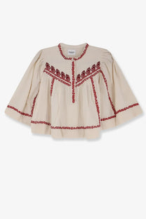 Isabel Marant Étoile women’s beige organic cotton blouse with cream color and red embroidery on neckline placket and hem